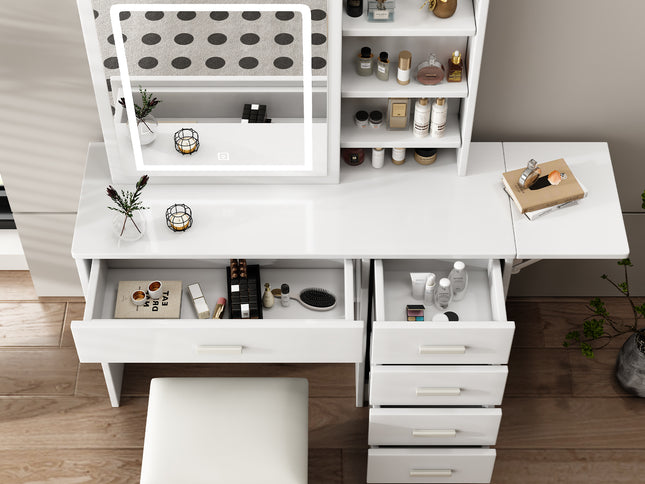 Fashion Vanity Desk With Mirror And Lights For Makeup With Open Shelves And Chair, Vanity Mirror With Lights And Table Set With 3 Color Lighting Brightness Adjustable, 5 Drawers, White Color