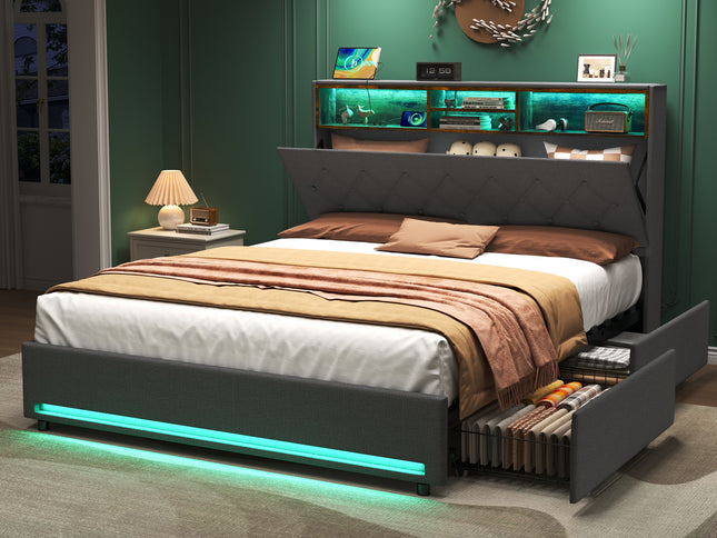 4ft6 Double Bed With 4 Storage Drawers, Bed Frame With Concealed Headboard Storage, Button Tufted Headboard With RGB LED Lighting And Charging Station, Linen, Grey No Mattress