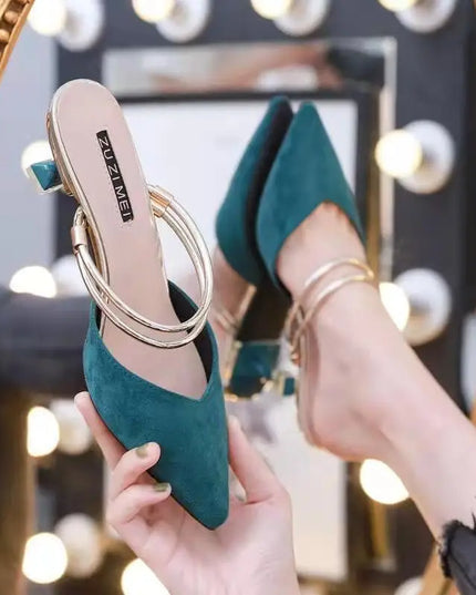 With Heel Pointed Toe Shoes Green Mules Summer