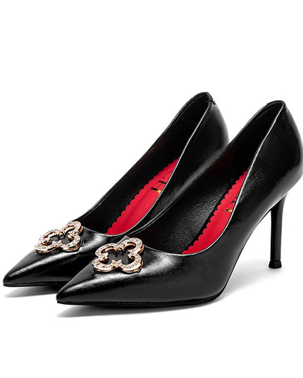 Heels 9CM Woman Black Shoes Leather Shoes Pointed
