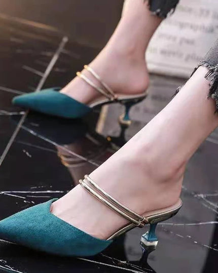 With Heel Pointed Toe Shoes Green Mules Summer