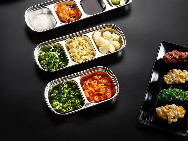 Stainless Steel Divided Dip Bowls Sauce Plate Seasoning