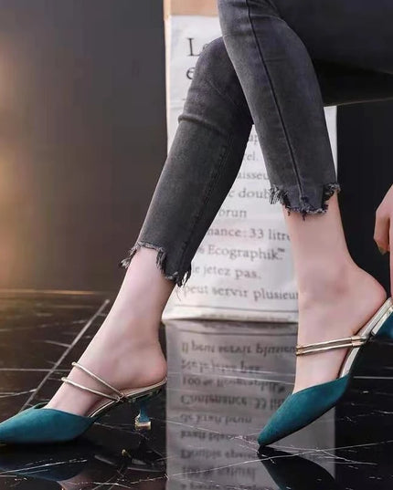 With Heel Pointed Toe Shoes Green Mules Summer