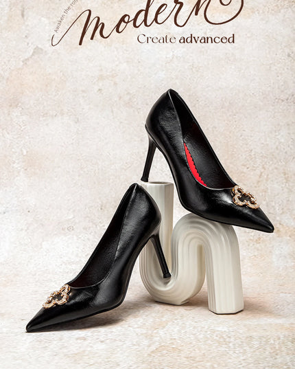 Heels 9CM Woman Black Shoes Leather Shoes Pointed