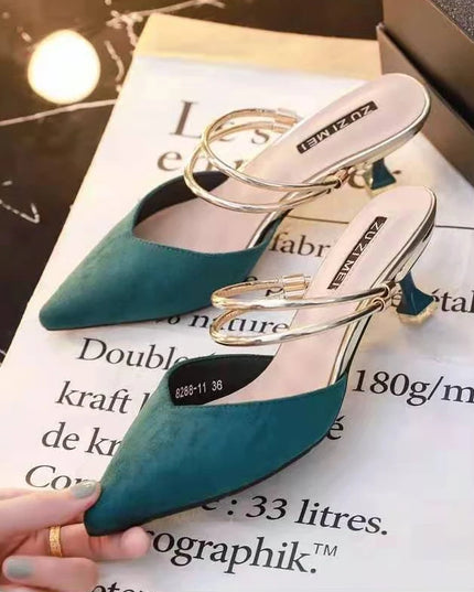 With Heel Pointed Toe Shoes Green Mules Summer