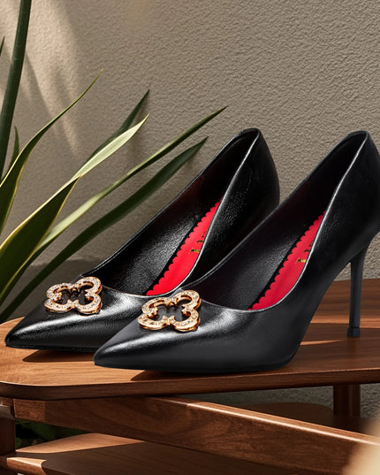 Heels 9CM Woman Black Shoes Leather Shoes Pointed