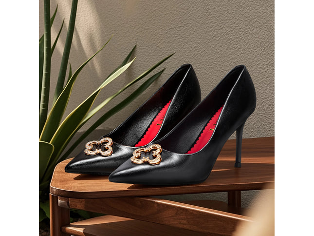 Heels 9CM Woman Black Shoes Leather Shoes Pointed