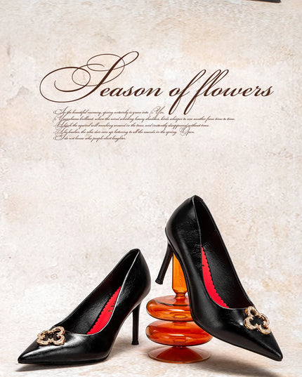 Heels 9CM Woman Black Shoes Leather Shoes Pointed