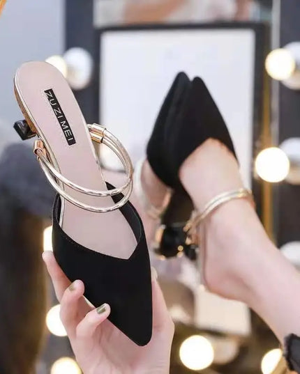 With Heel Pointed Toe Shoes Green Mules Summer