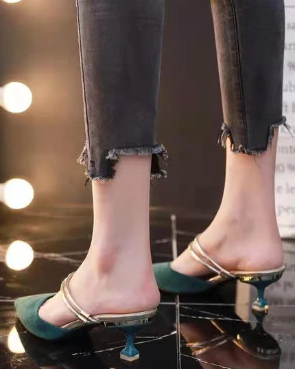 With Heel Pointed Toe Shoes Green Mules Summer