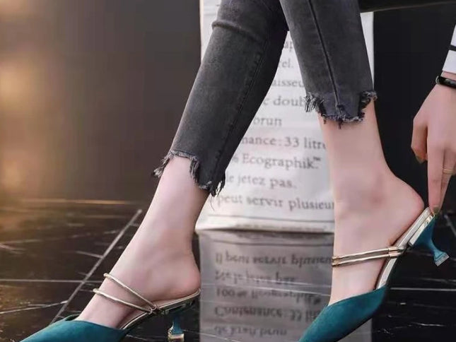 With Heel Pointed Toe Shoes Green Mules Summer