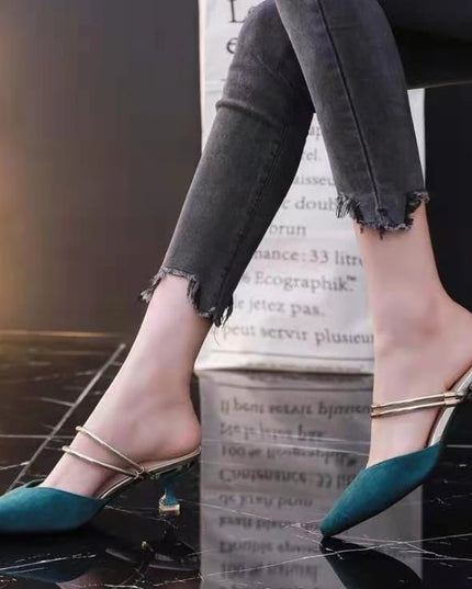 With Heel Pointed Toe Shoes Green Mules Summer