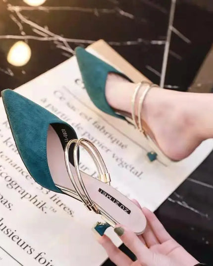 With Heel Pointed Toe Shoes Green Mules Summer