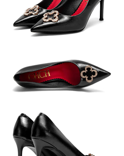 Heels 9CM Woman Black Shoes Leather Shoes Pointed