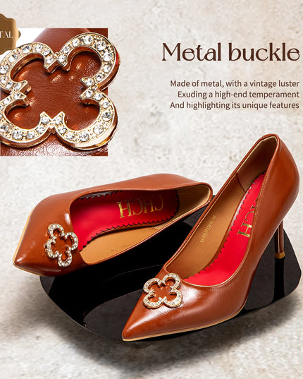 Heels 9CM Woman Black Shoes Leather Shoes Pointed