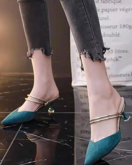 With Heel Pointed Toe Shoes Green Mules Summer