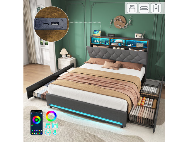 4ft6 Double Bed With 4 Storage Drawers, Bed Frame With Concealed Headboard Storage, Button Tufted Headboard With RGB LED Lighting And Charging Station, Linen, Grey No Mattress